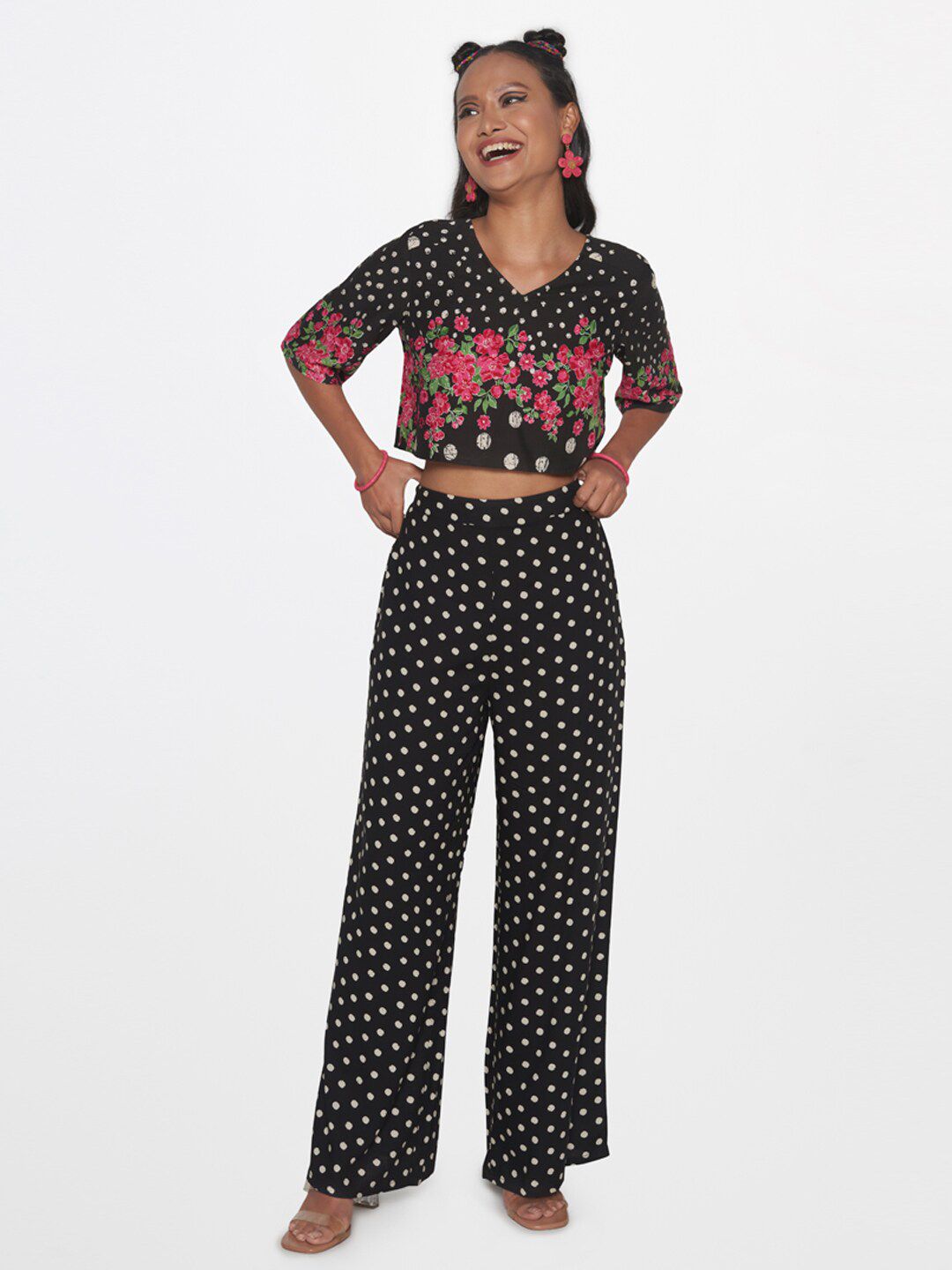 Global Desi Women Black Printed Top with Palazzos