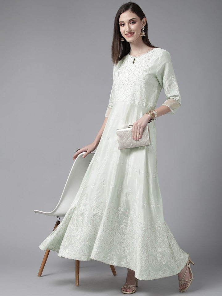 W Green & White Floral Ethnic A-Line Midi Dress