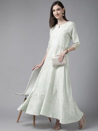 W Green & White Floral Ethnic A-Line Midi Dress