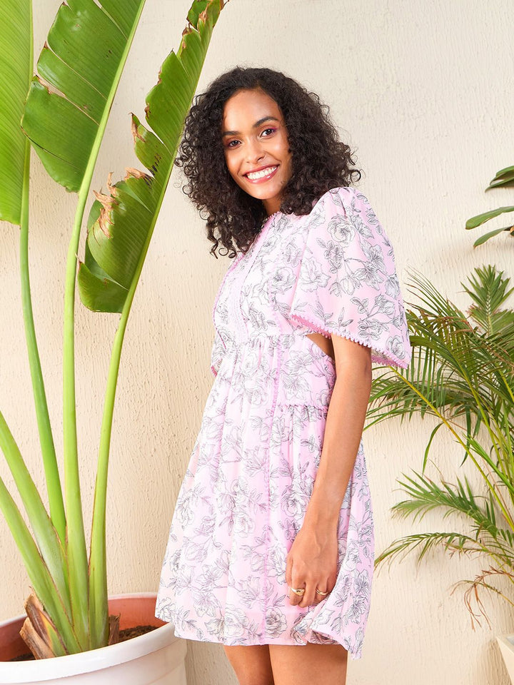 SASSAFRAS Floral Print Flared Sleeve Cut Out Georgette Fit & Flare Dress