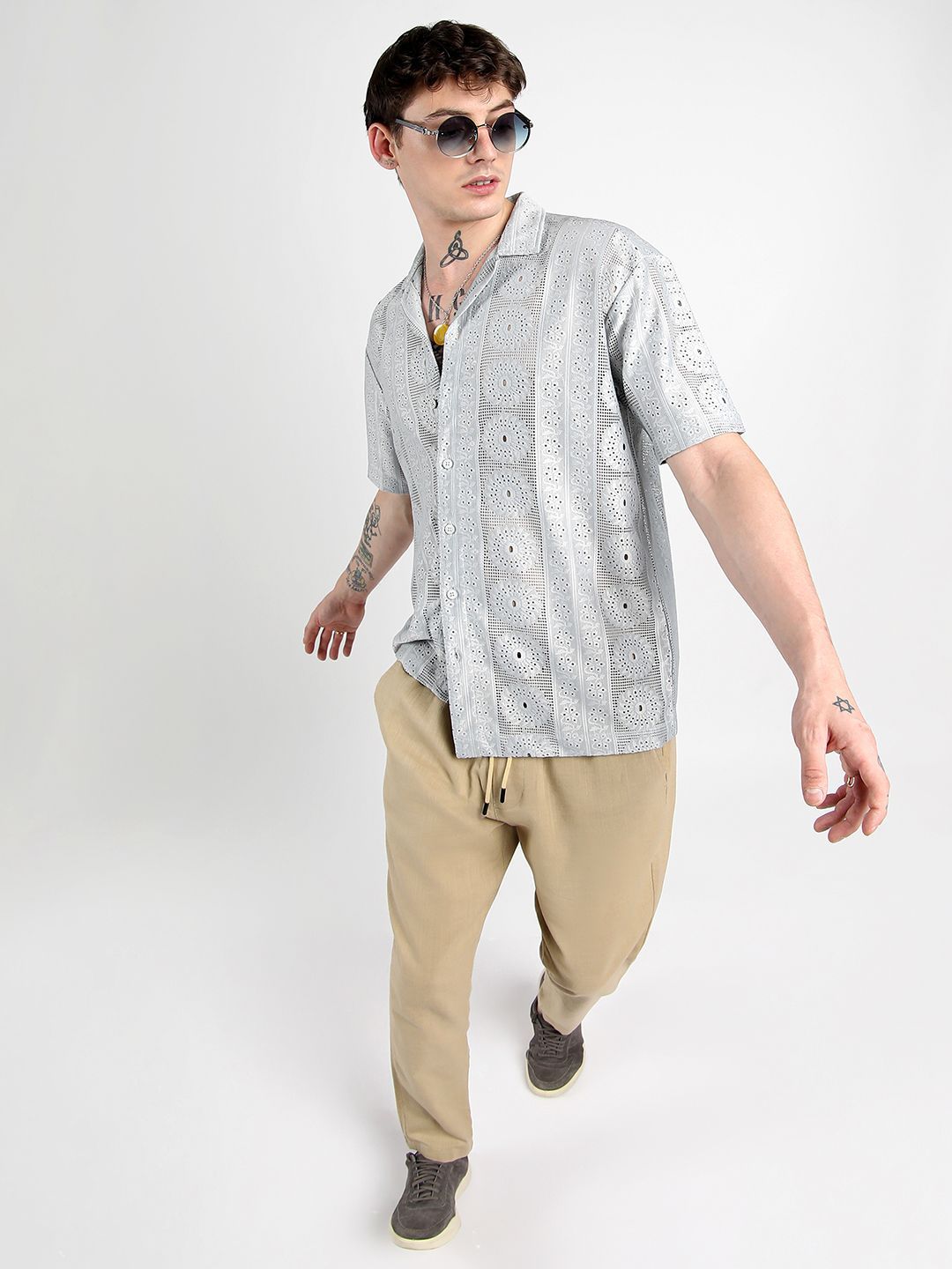 Campus Sutra Men Comfort Mandala Design Cuban Collar Oversized Casual Shirt