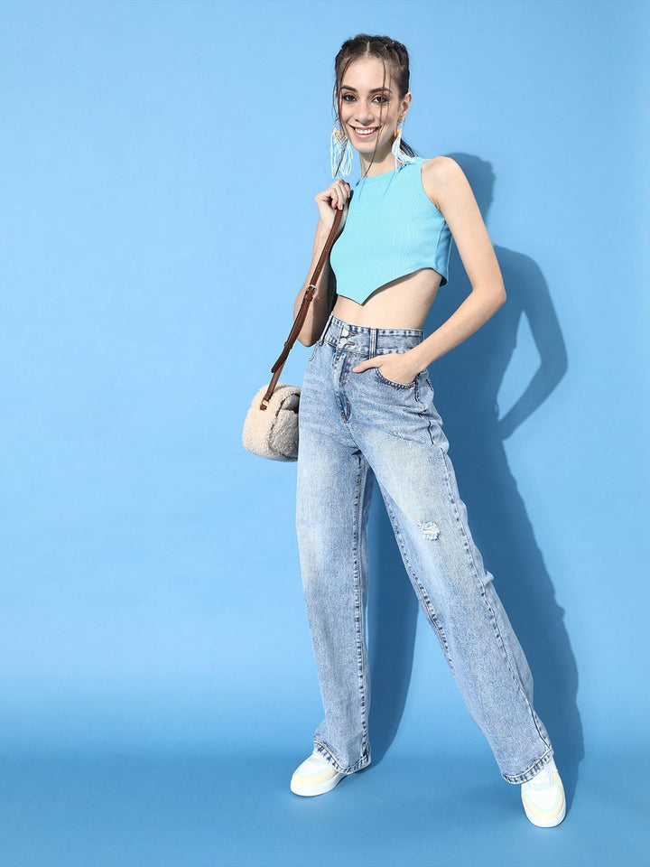 STREET 9 Woman Alluring Turquoise Blue Solid Cropped Top
