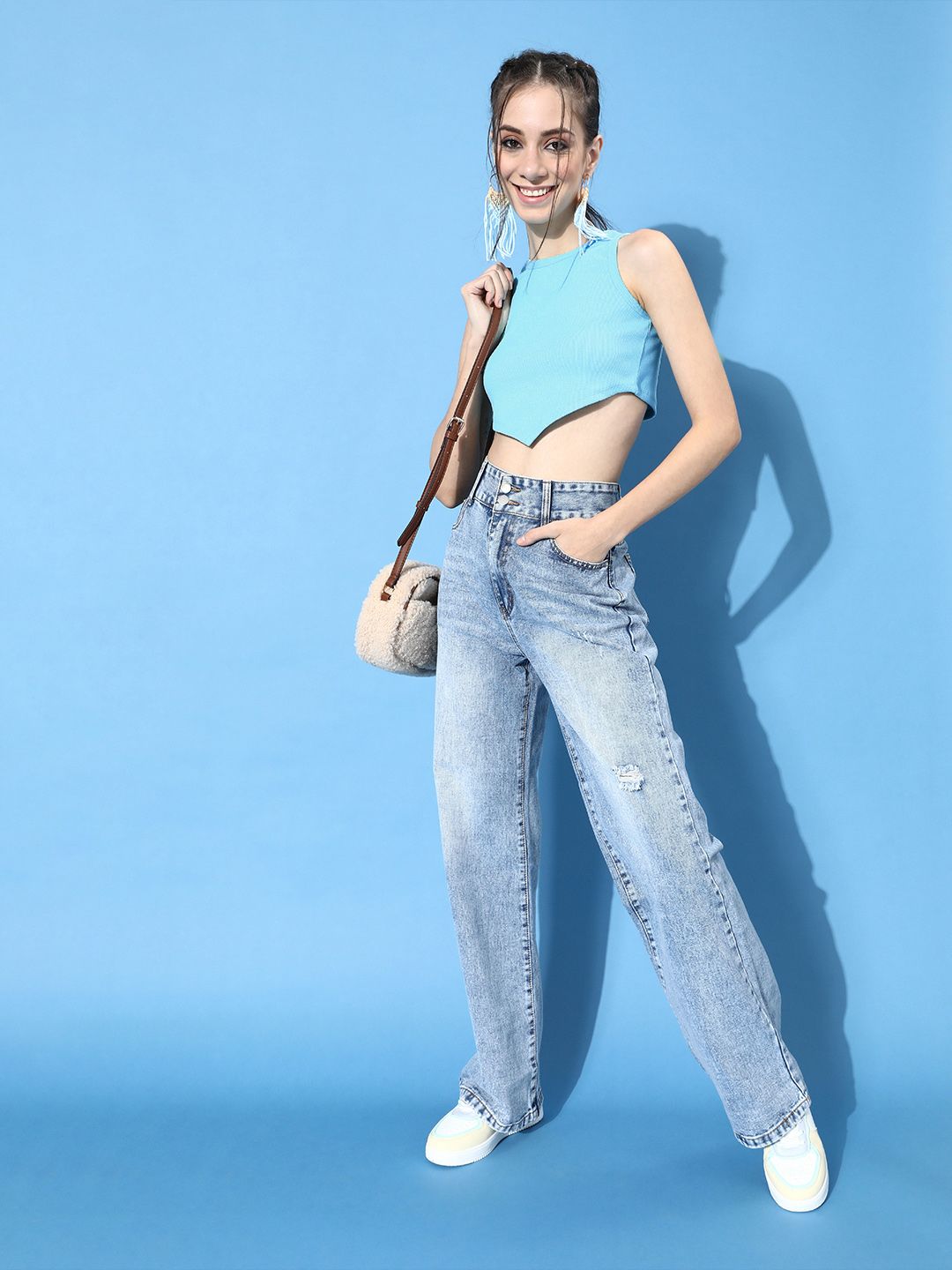 STREET 9 Woman Alluring Turquoise Blue Solid Cropped Top