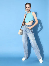 STREET 9 Woman Alluring Turquoise Blue Solid Cropped Top