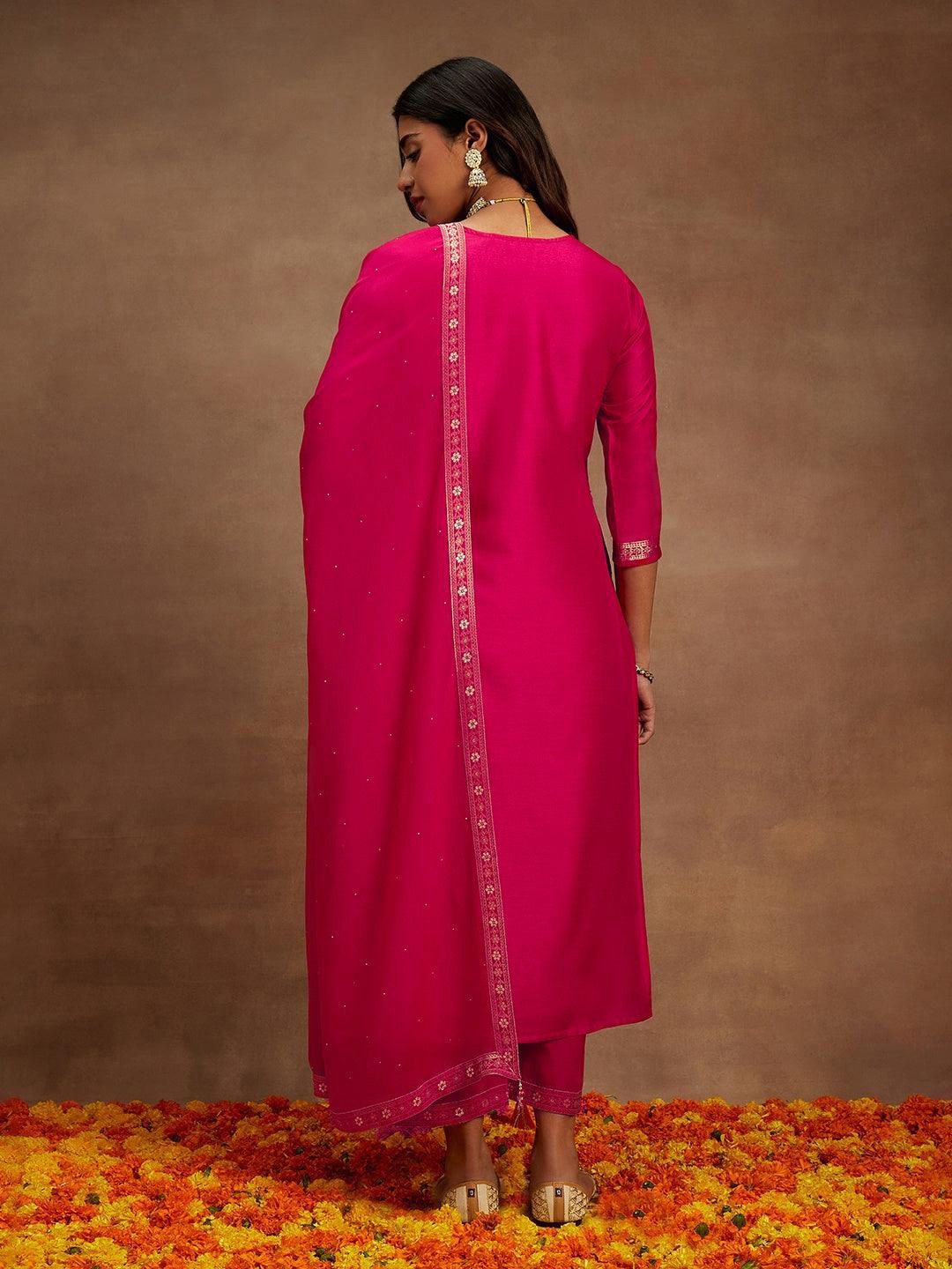 Libas Floral Woven Design Beads & Stones Kurta with Trousers & Dupatta