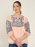Antheaa Geometric Embroidered Puff Sleeve Chiffon A-Line Top