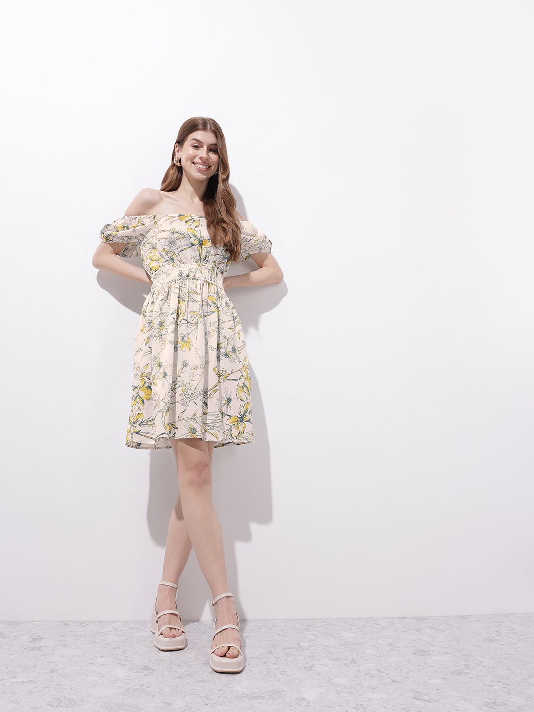 DressBerry Gleeful Spring Florals Bardot Fit & Flare Dress