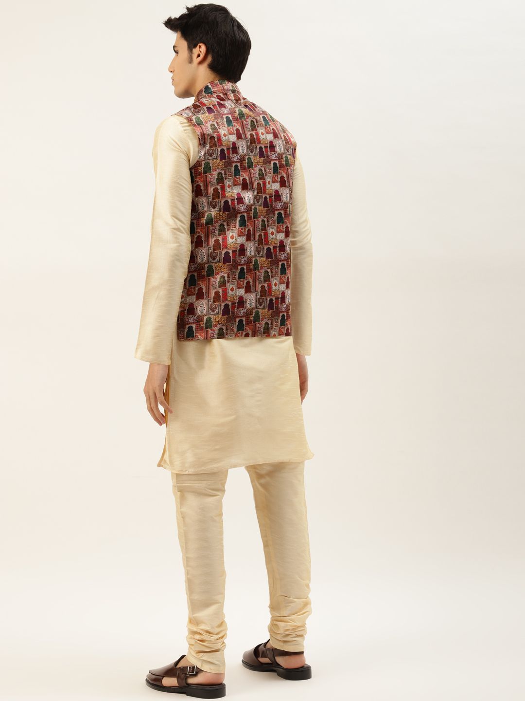 SOJANYA Men Golden & Maroon  Kurta with Churidar And Nehru Jacket