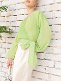 DressBerry Feminine Glam Accordion Pleats Drop Shoulder Wrap Top