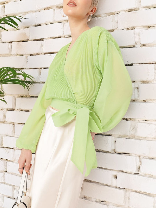 DressBerry Feminine Glam Accordion Pleats Drop Shoulder Wrap Top