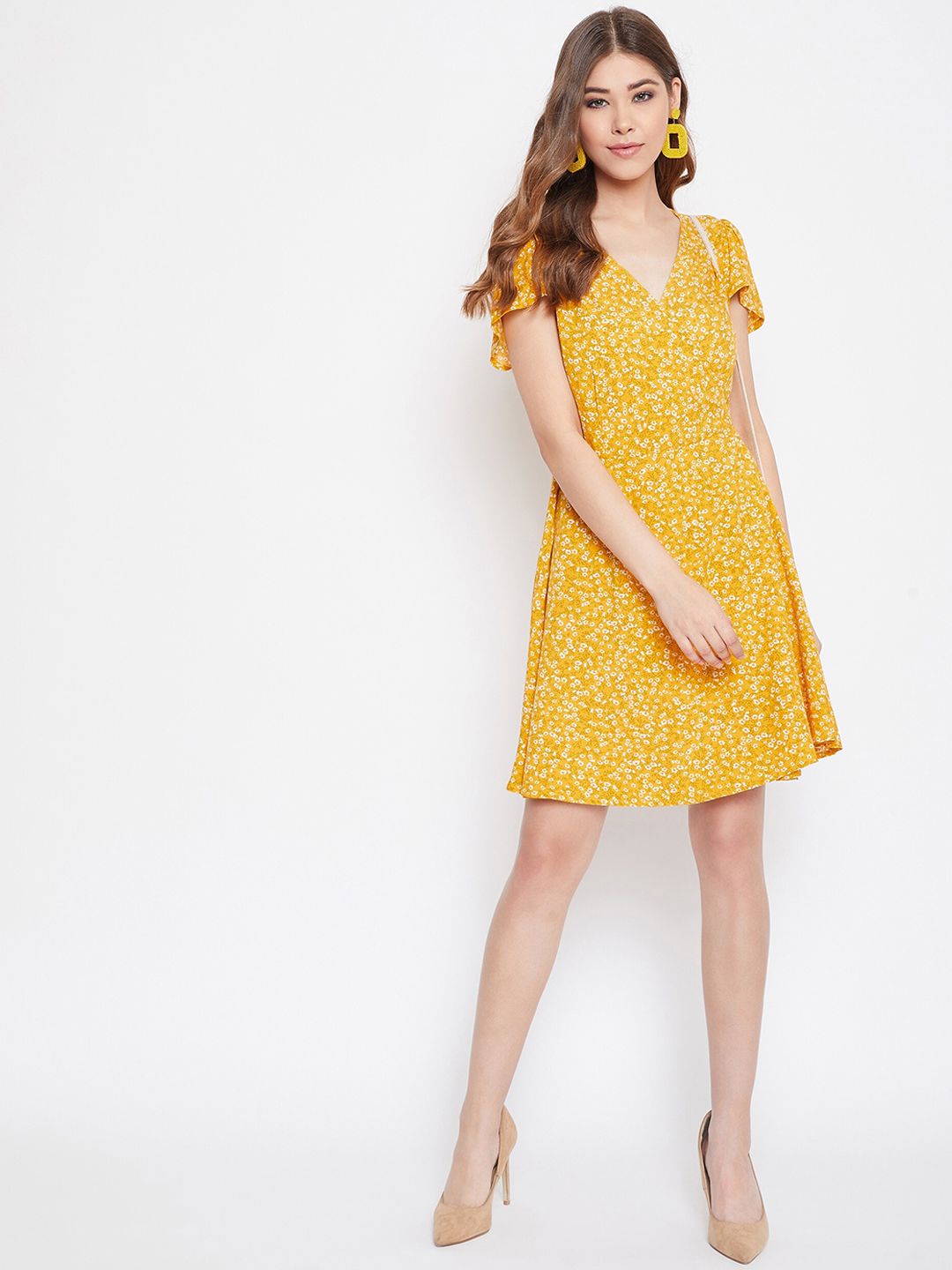 Berrylush Yellow Floral Crepe Ditsy Floral Printed Wrap Dress