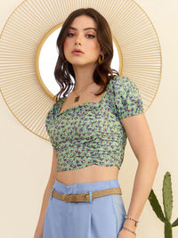 Berrylush Floral Print Square Neck Puff Sleeve Fitted Crop Top