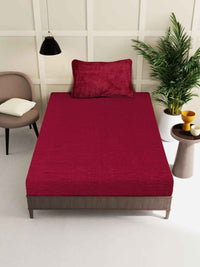 KLOTTHE Red Solid Fitted 300 TC Woolen Single Bedsheet with 1 Pillow Cover