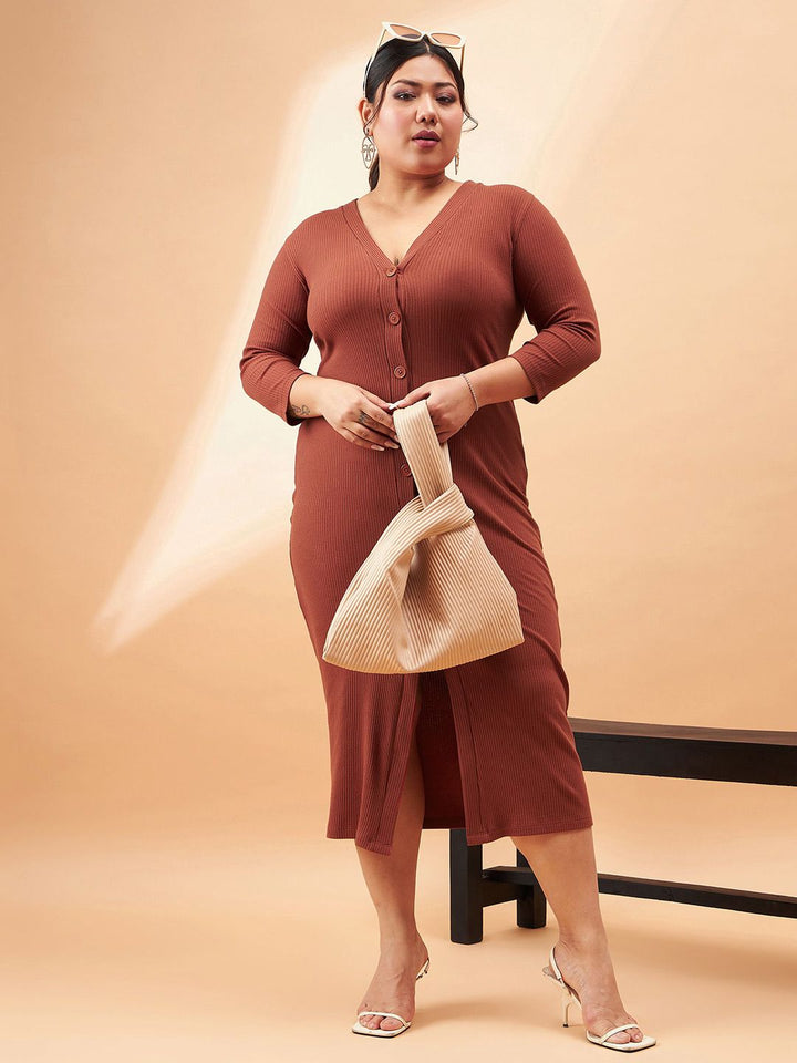 SASSAFRAS Curve Plus Size Rust Brown Ribbed V-Neck A-Line Midi Dress