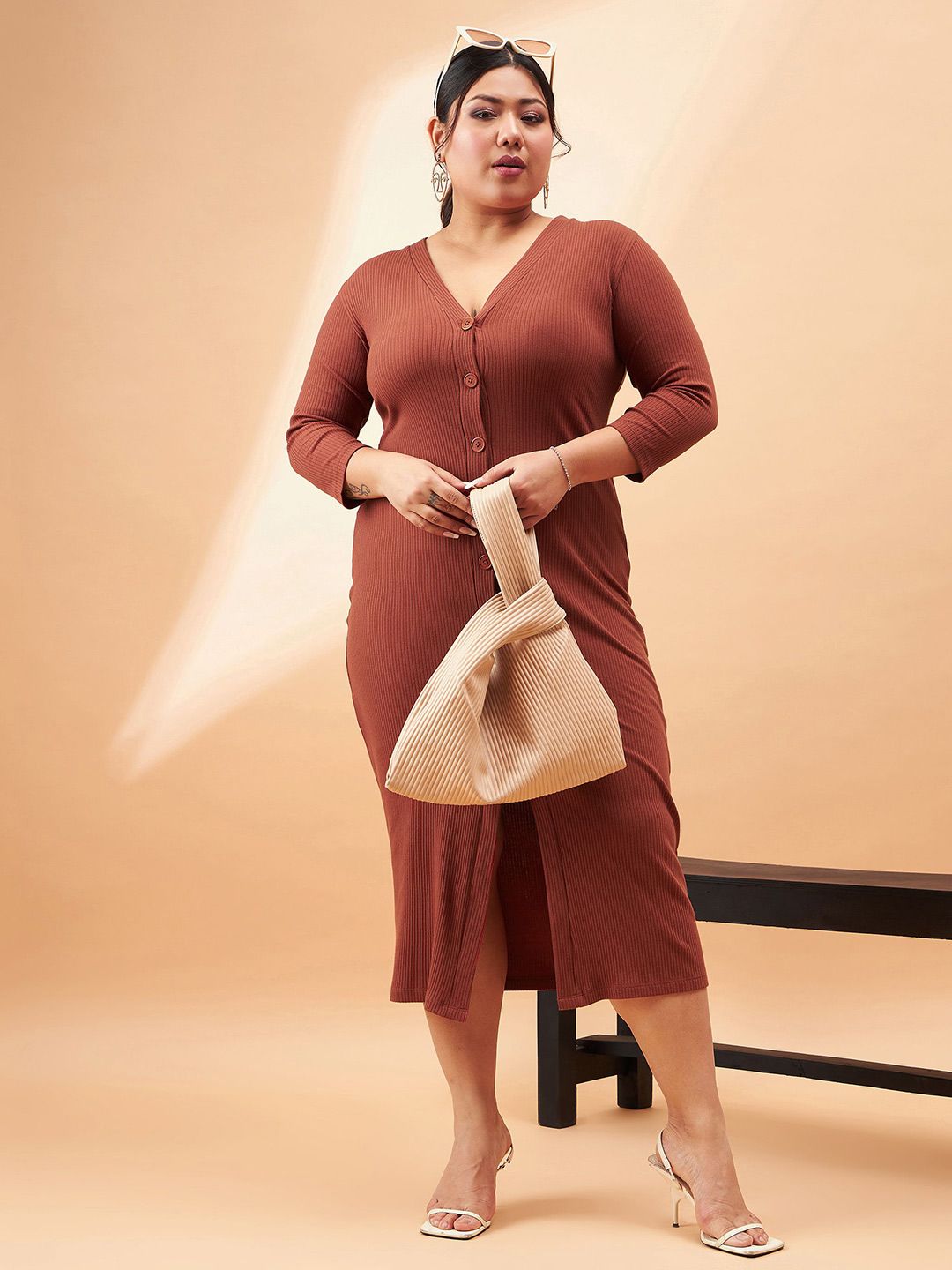 SASSAFRAS Curve Plus Size Rust Brown Ribbed V-Neck A-Line Midi Dress