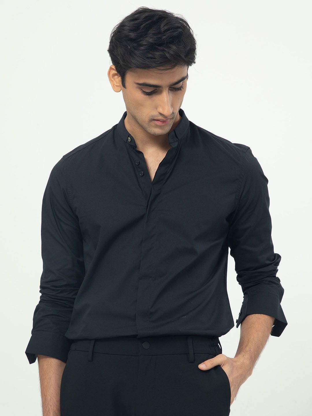 RARE RABBIT Men Rains Slim Fit Mandarin Collar Cotton Shirt