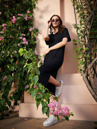 Athena Black Self Design  Shirt Collar T-Shirt Dress