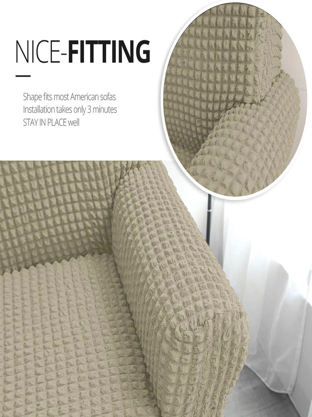 Cortina Beige Self Design Stretchable 1-Seater Sofa Cover with Skirt