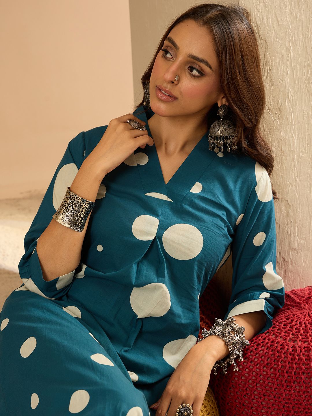 Indo Era Women Printed Pleated Pure Cotton Kurta with Trousers