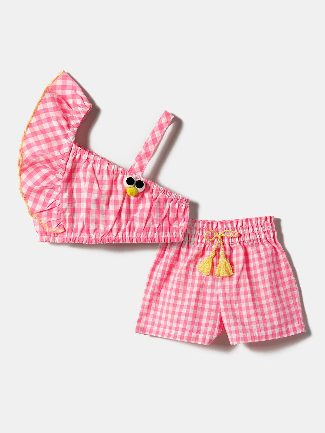 Nauti Nati Girls Checked One Shoulder Ruffled Pure Cotton Crop Top With Shorts