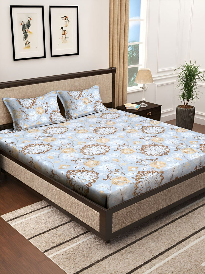 KLOTTHE Blue & Brown Floral Printed 300 TC Double King Bedsheet With 2 Pillow Covers