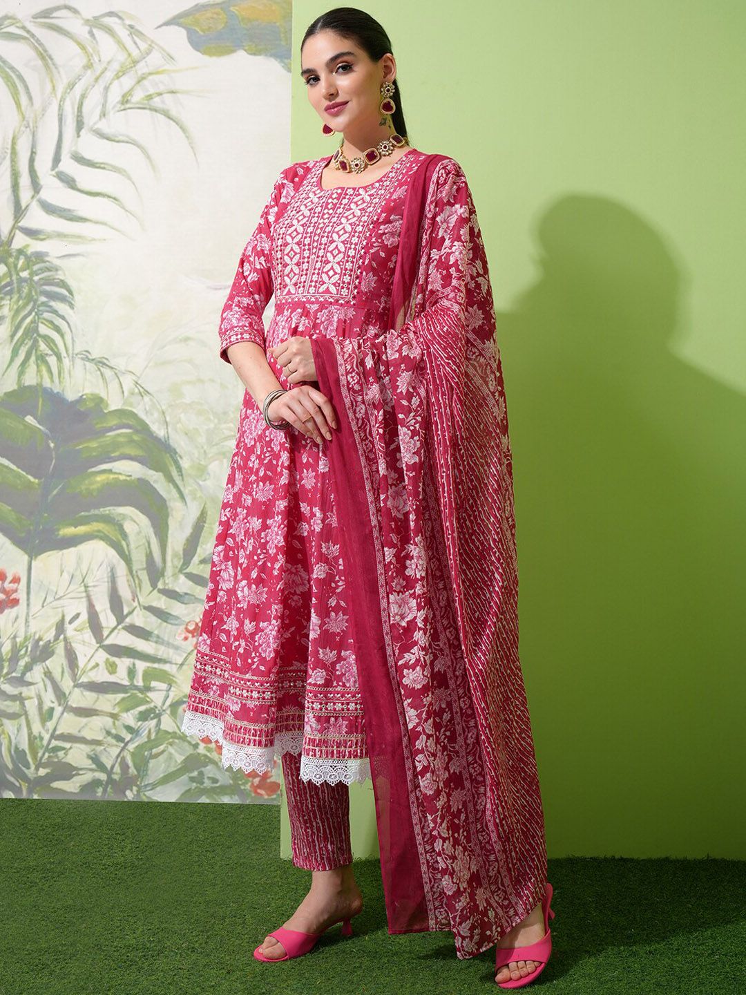 Vishudh Floral Printed Regular Thread Work Pure Cotton Kurta with Trousers & With Dupatta