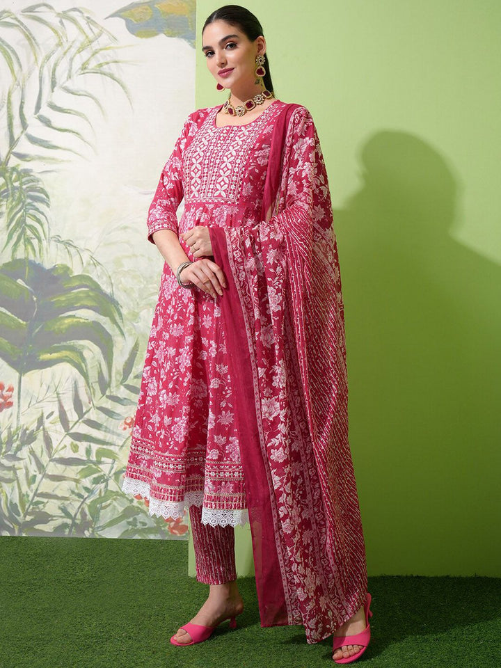 Vishudh Floral Printed Regular Thread Work Pure Cotton Kurta with Trousers & With Dupatta