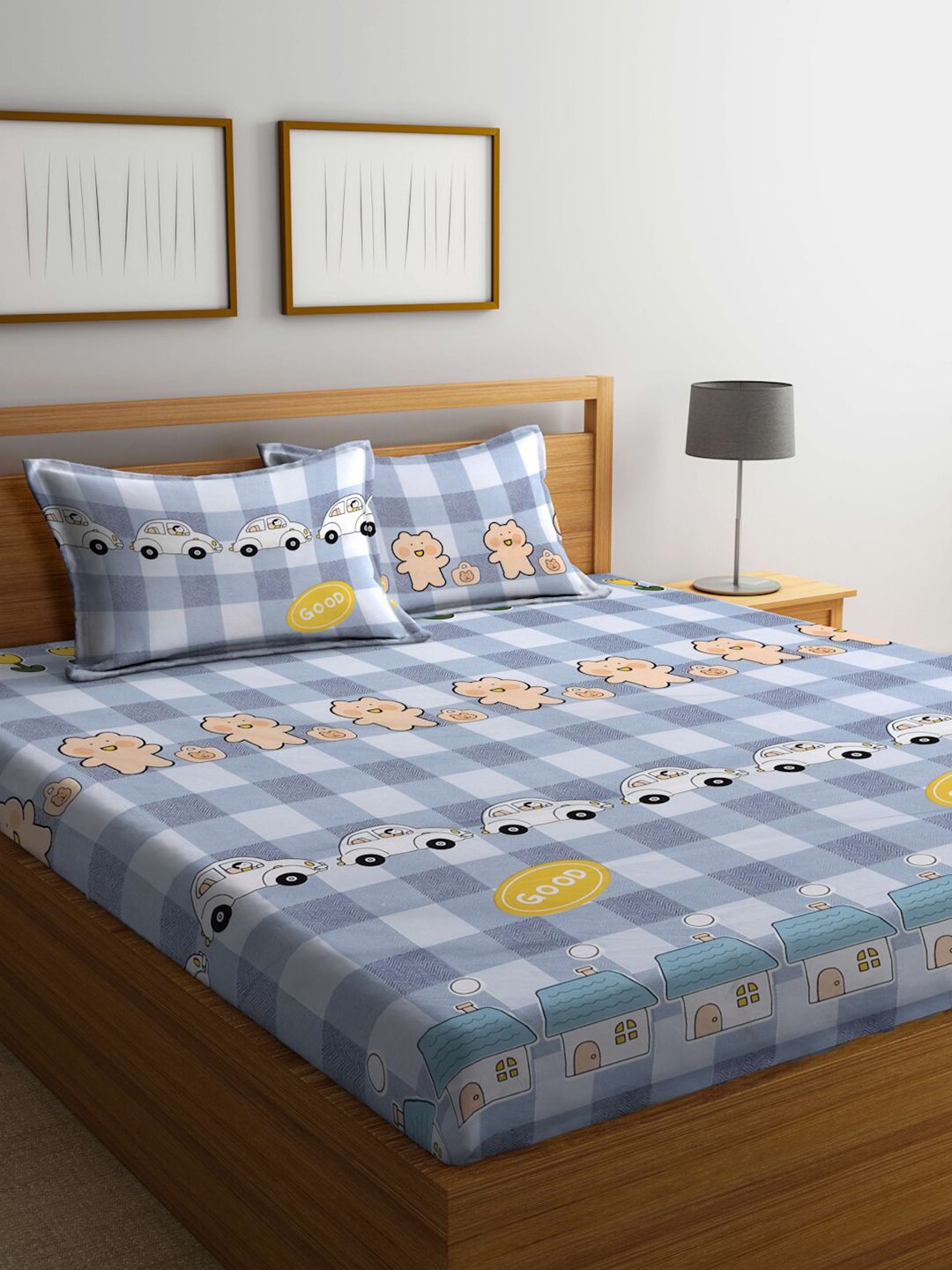 KLOTTHE Blue Conversational Cotton 300 TC King Bedsheet with 2 Pillow Covers-98 x 89 inches