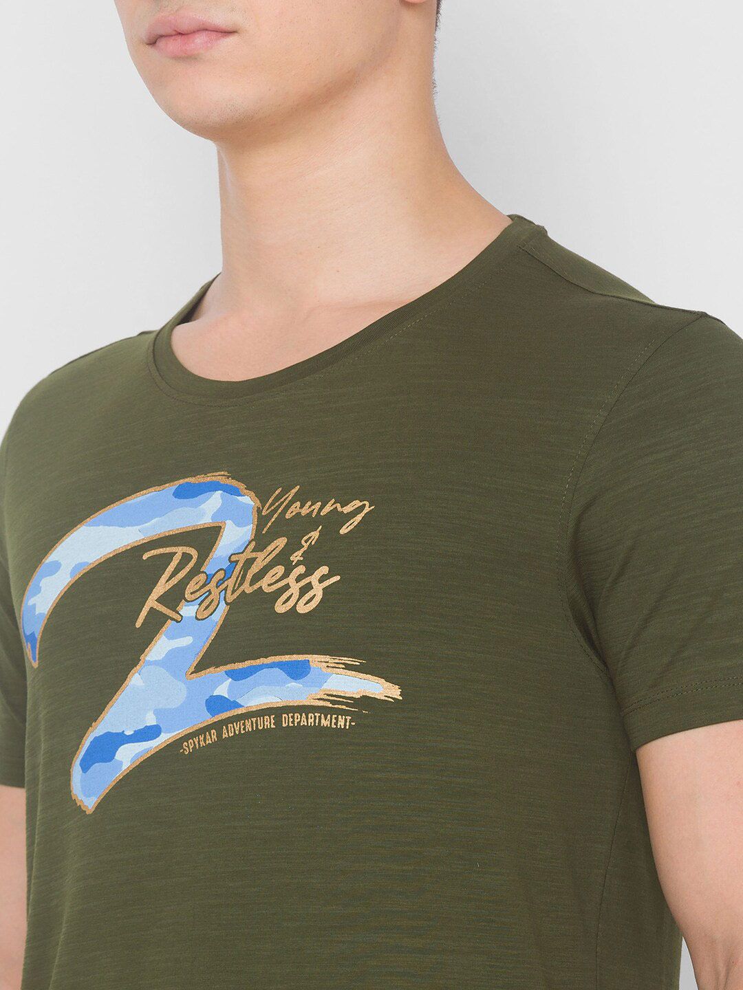 SPYKAR Men Green & Blue Printed Slim Fit Round Neck T-shirt