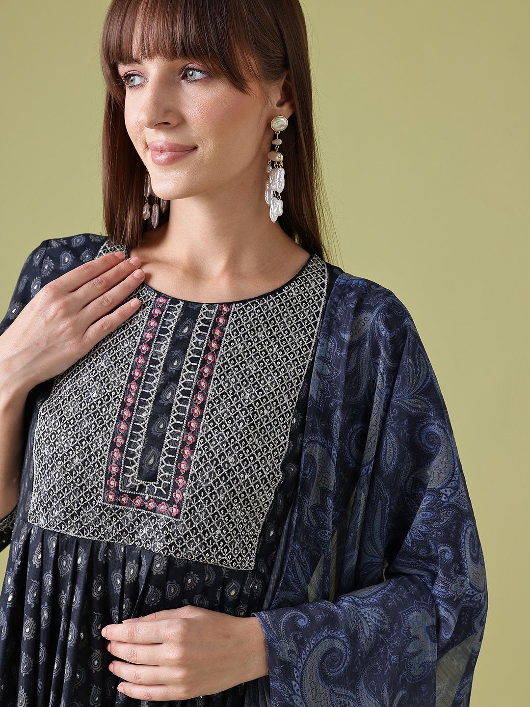 Anouk Paisley Print Thread Work & Sequinned Detail A-Line Kurta with Trousers & Dupatta