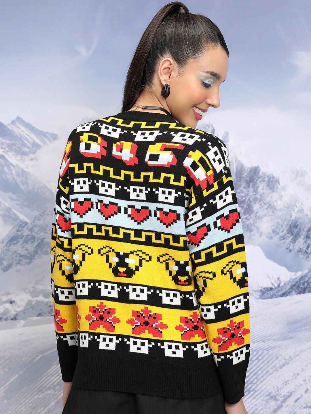Tokyo Talkies Black Graphic Printed V-Neck Long Sleeves Acrylic Cardigan Sweater