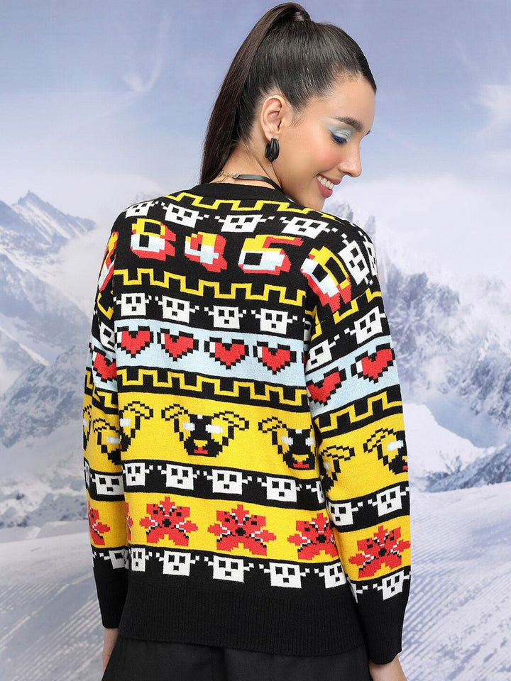 Tokyo Talkies Black Graphic Printed V-Neck Long Sleeves Acrylic Cardigan Sweater