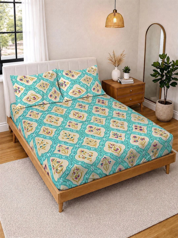 KLOTTHE Multicoloured & Yellow Floral 300 TC King Bedsheet with 2 Pillow Covers