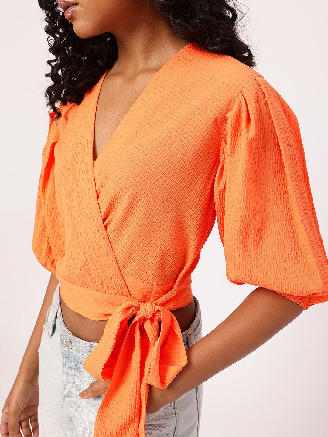 DressBerry Tied Up In Holiday Bliss Seersucker Crop Wrap Style Top