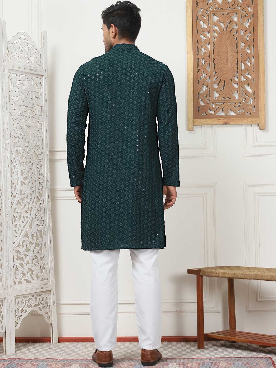 Anouk Green & White Ethnic Motif Embroidered Band Collar Sequinned Kurta With Pyjamas