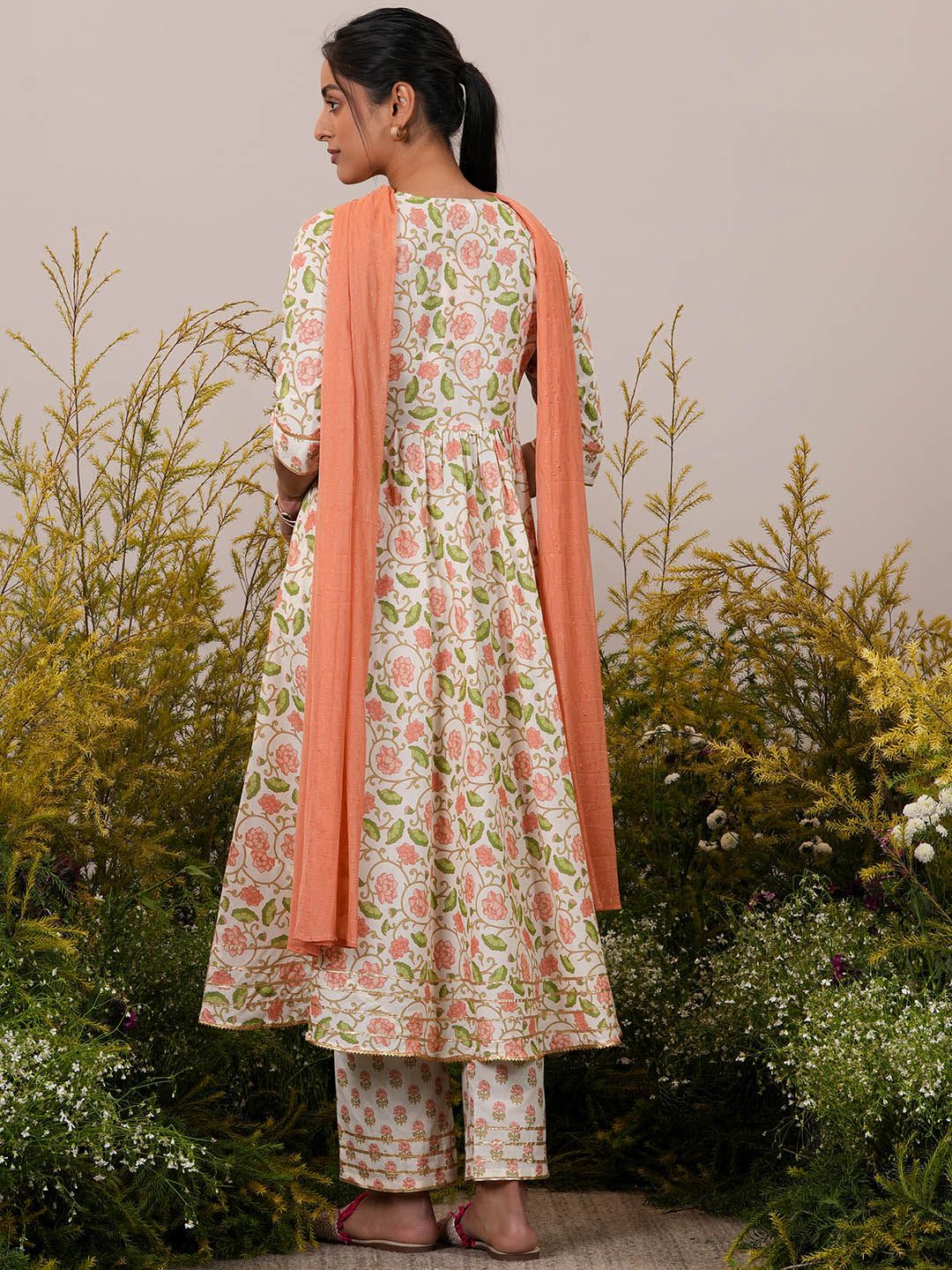 Libas Floral Printed Pleated Gotta Patti Pure Cotton Kurta with Trousers & Dupatta
