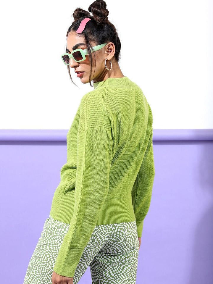 Tokyo Talkies Women Green Cable Knit Acrylic Pullover