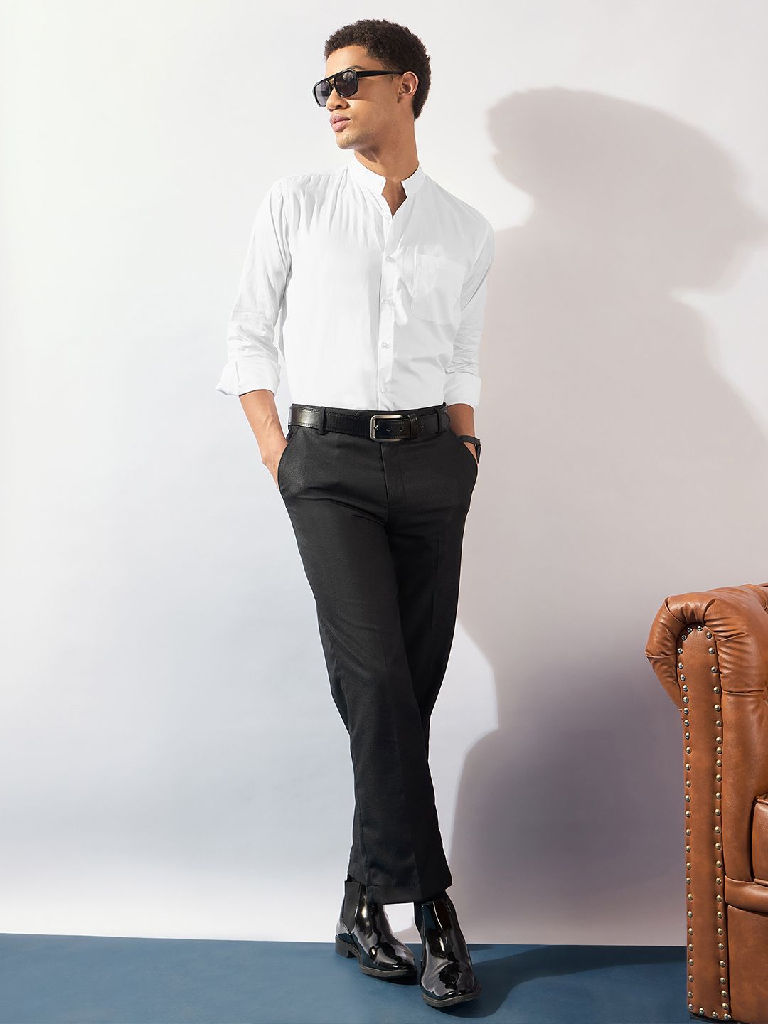 DENNISON Men Mandarin Collar Long Slevees Cotton Smart Casual Shirt