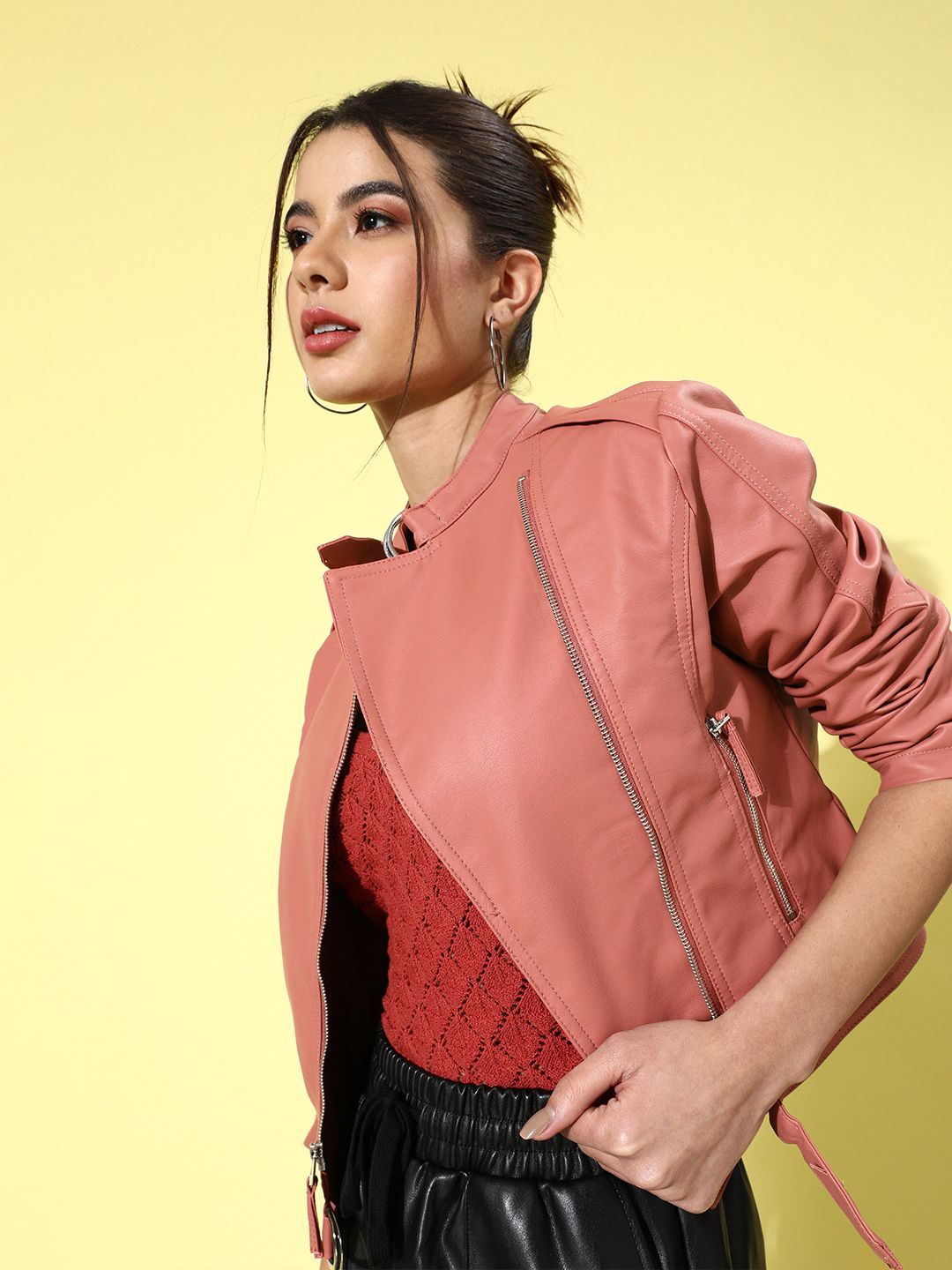 Tokyo Talkies Women Rose Crop Biker Jacket