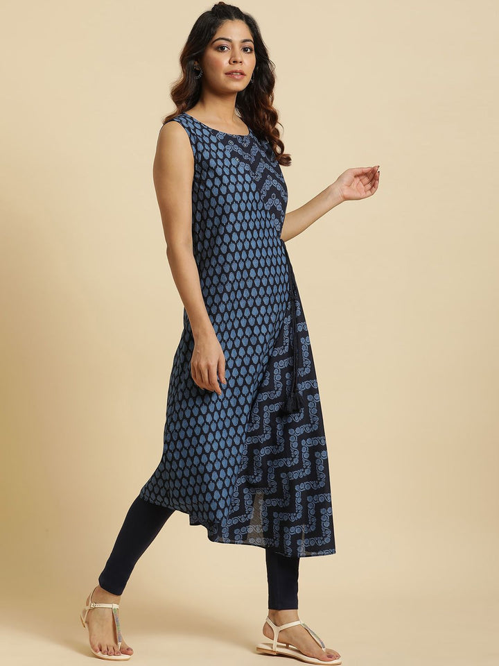 W Blue Ethnic Motifs Printed Pure Cotton Anarkali Kurta
