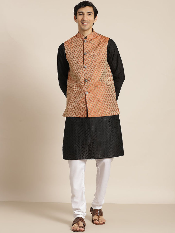 SOJANYA Men Black Ethnic Motifs Chikankari Pure Cotton Kurta with Churidar & Nehru Jacket