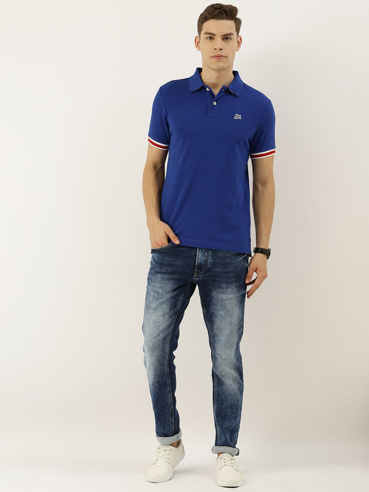 Being Human Men Blue Solid Polo Collar Pure Cotton T-shirt