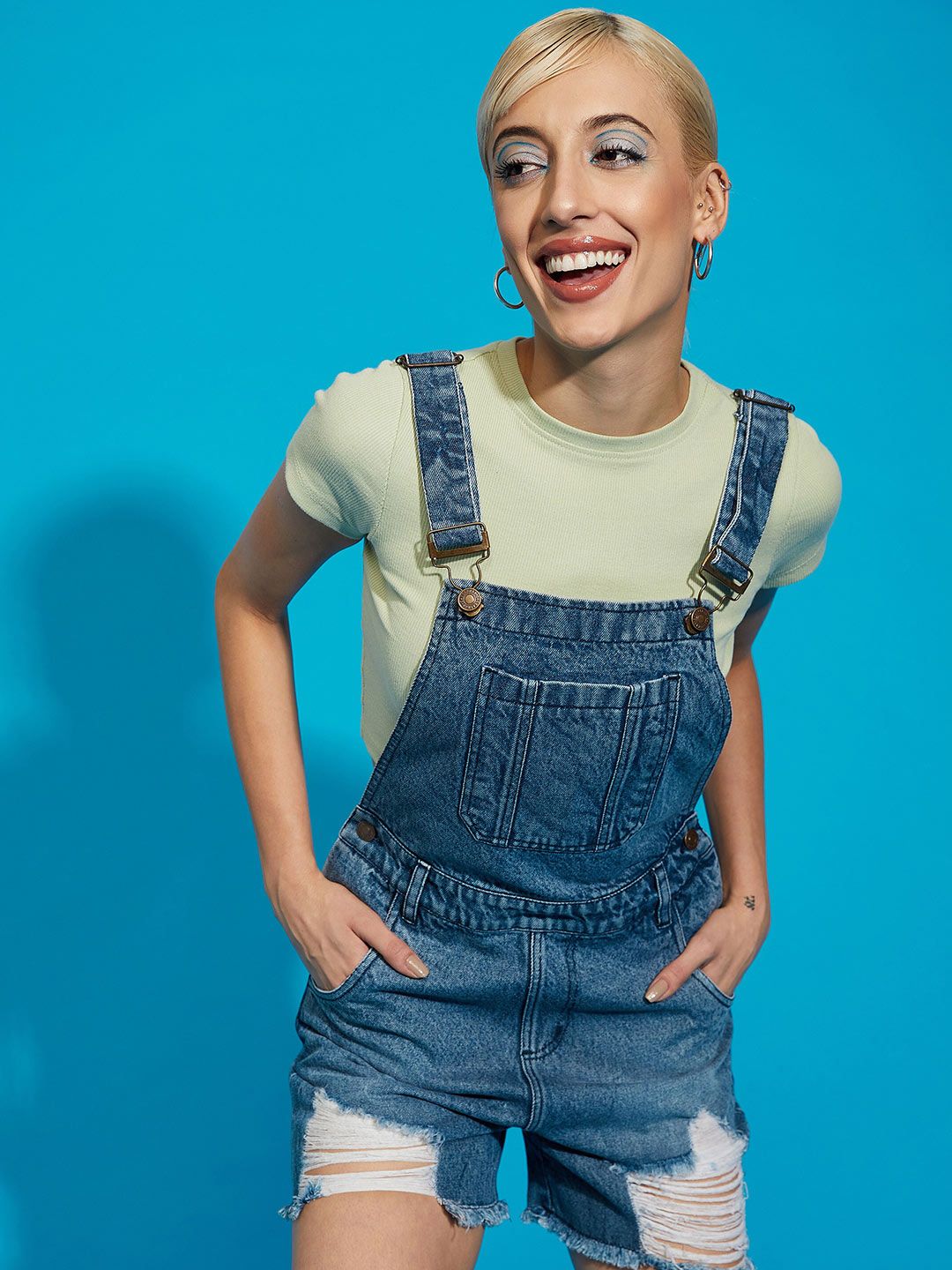 SASSAFRAS Women Blue Casual Denim Distressed Dungaree