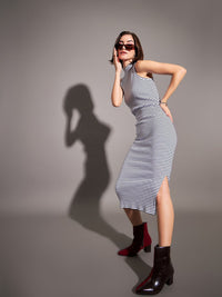 SASSAFRAS High Neck Striped Bodycon Midi Dress