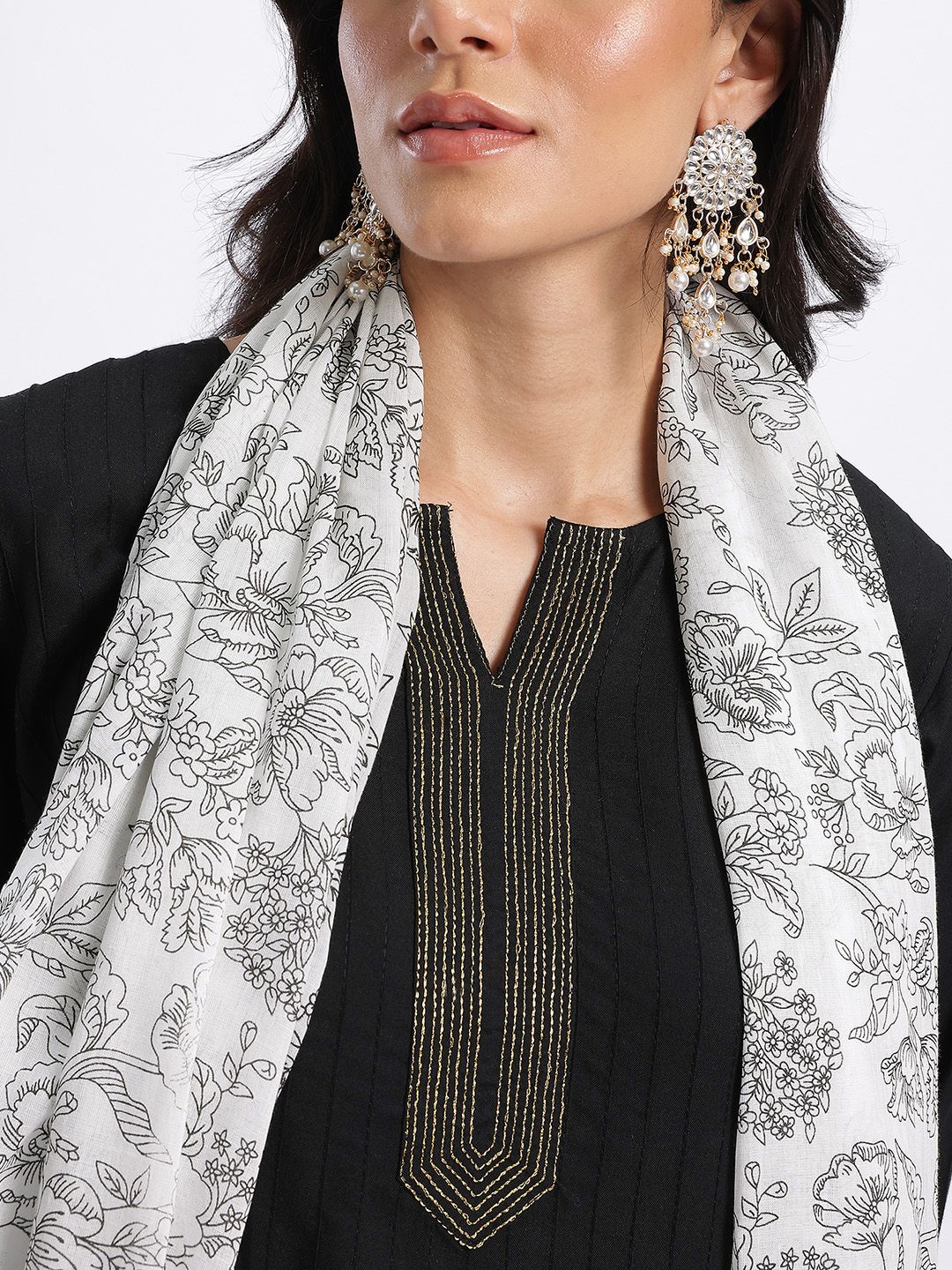 Anouk Yoke Design Panelled Kurta with Floral Printed Palazzos & Dupatta
