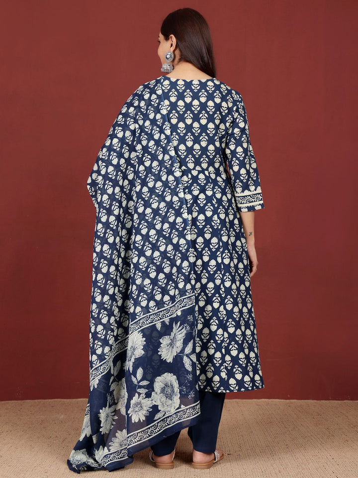 Varanga Floral Printed V-Neck Gotta Patti Pure Cotton A-Line Kurta With Trousers & Dupatta