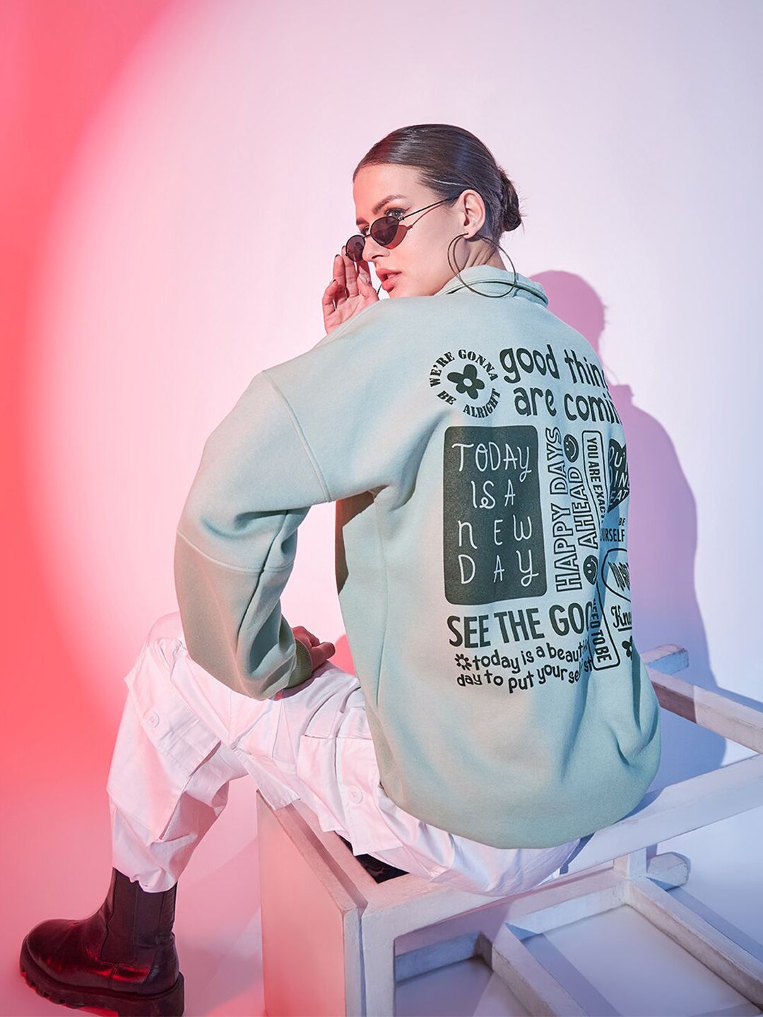 STREET 9 Typography Printed Mock Collar Half Zipper Fleece & Cotton Pullover Sweatshirt