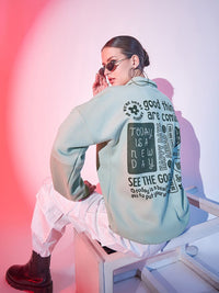 STREET 9 Typography Printed Mock Collar Half Zipper Fleece & Cotton Pullover Sweatshirt