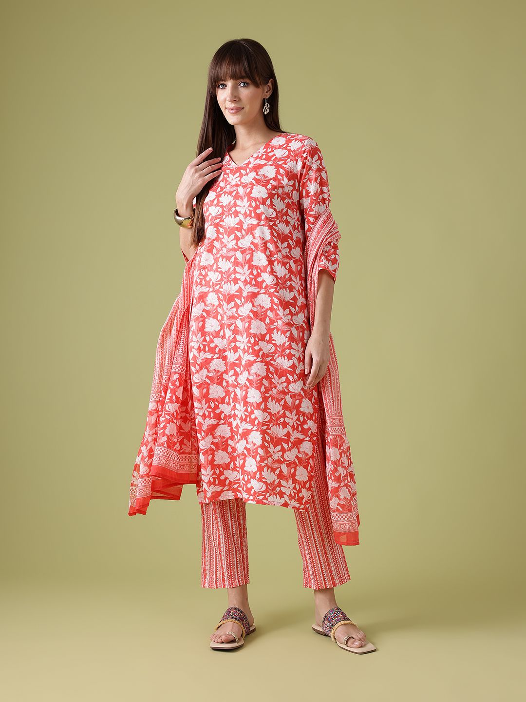 Anouk Floral Print Pure Cotton Kurta with Trousers & Dupatta