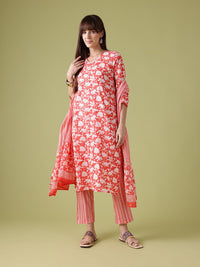 Anouk Floral Print Pure Cotton Kurta with Trousers & Dupatta